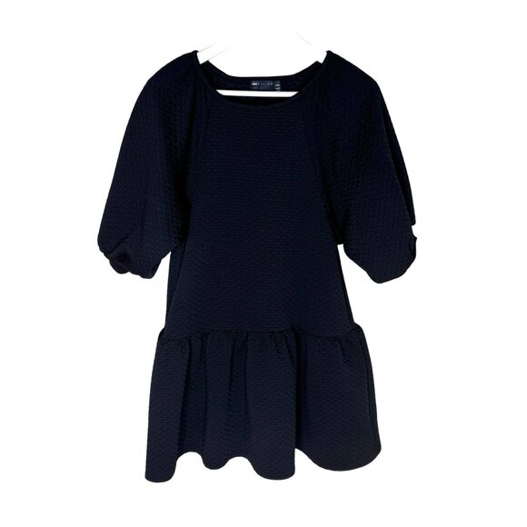 ASOS Design Black Quilted Puff Sleeve Drop Waist Mini Dress, Skater Dress, Sz 4 - Picture 1 of 7